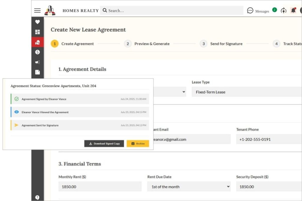 Lease agreement workflow screen in Propp.ai featuring step-by-step agreement creation, eSignature tracking, and financial terms entry.