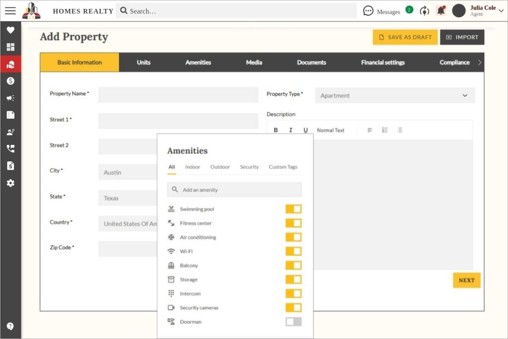 AI-powered property onboarding form in Propp.ai showing fields for address, property type, and dynamic amenities selection panel.