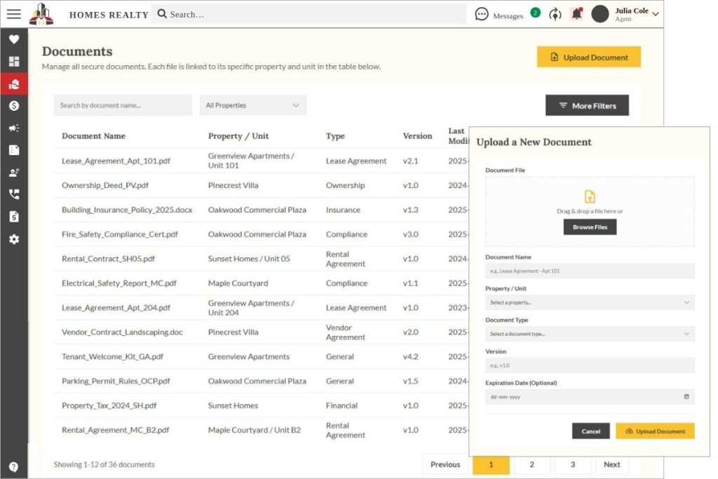Document storage interface in Propp.ai displaying categorized property documents with upload panel for lease, ownership, and compliance files.