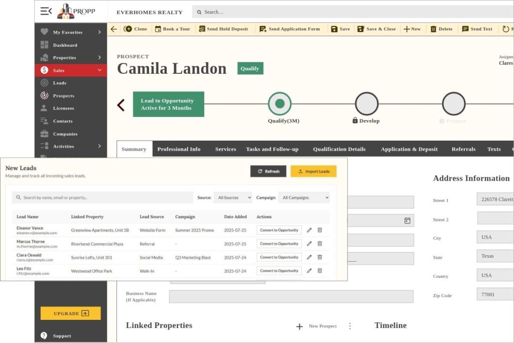 Lead qualification screen in Propp.ai sales module showing contact details, status timeline, and new leads import interface.
