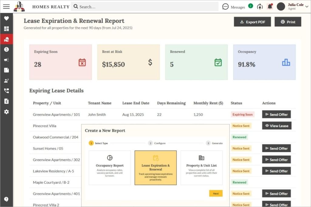 Lease expiration and renewal report screen in Propp.ai with visual summaries for rent at risk, expiring leases, and occupancy performance.