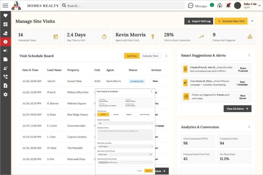 Site visit management screen in Propp.ai featuring visit schedules, agent tracking, visit feedback form, and smart follow-up suggestions.