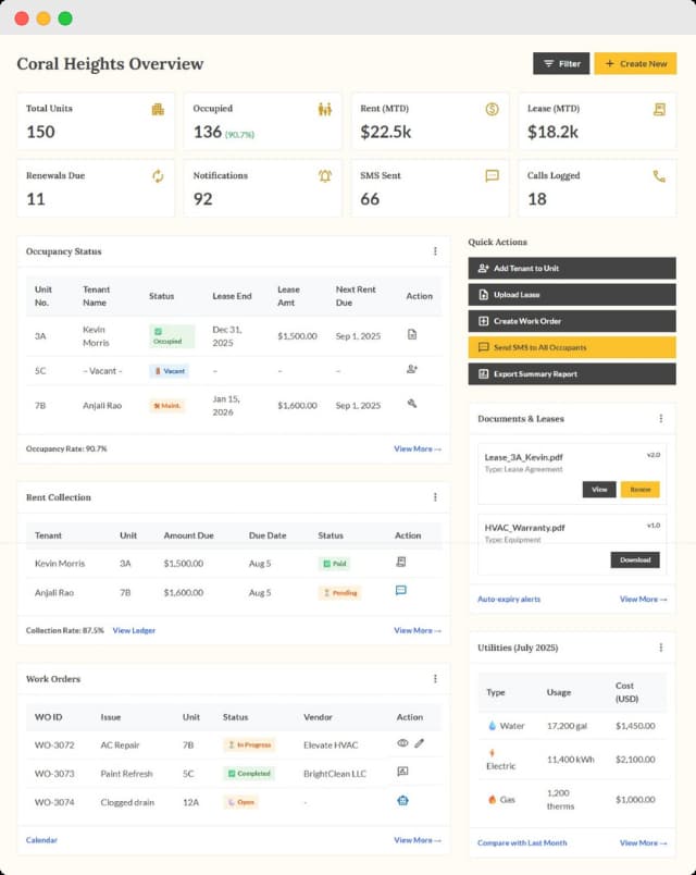 Single-apartment management dashboard displaying occupancy, rent payments, unit utilities, and work orders with document management tools.
