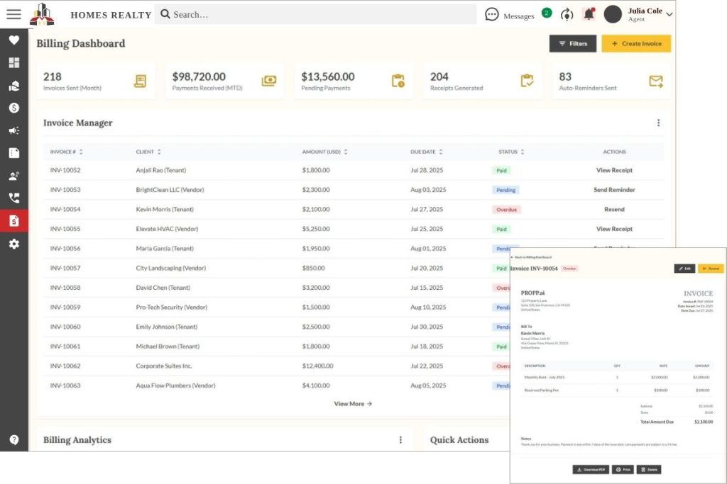 Billing dashboard in Propp.ai showing invoices, payment status, receipt generation, and detailed invoice preview with automated reminders.