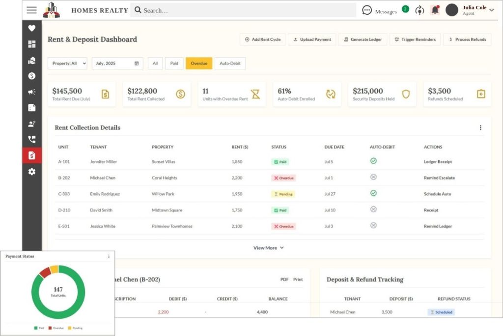 Rent and deposit dashboard in Propp.ai showing rent collection details, auto-debit status, overdue payments, and deposit tracking per tenant.