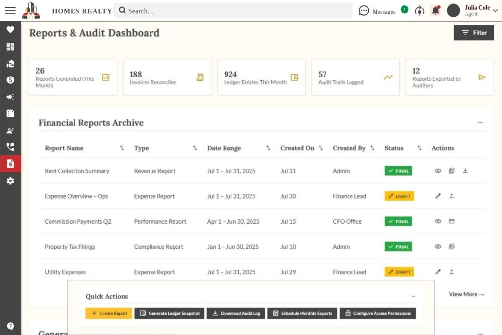 Reports and audit dashboard in Propp.ai showing financial report archive, ledger entry metrics, audit logs, and export-ready compliance documents.