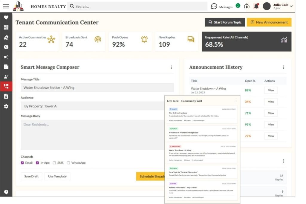 Tenant Communication Center in Propp.ai featuring message composer, announcement history, community wall, and engagement rate analytics.