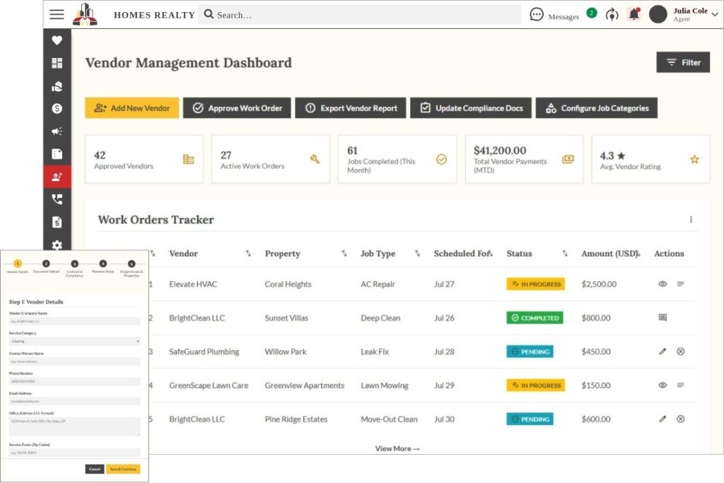 Vendor management dashboard in Propp.ai showing approved vendors, active work orders, payment status, and vendor onboarding form.