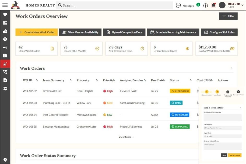 Work orders overview in Propp.ai with status summary, vendor assignments, SLA settings, and job creation form.