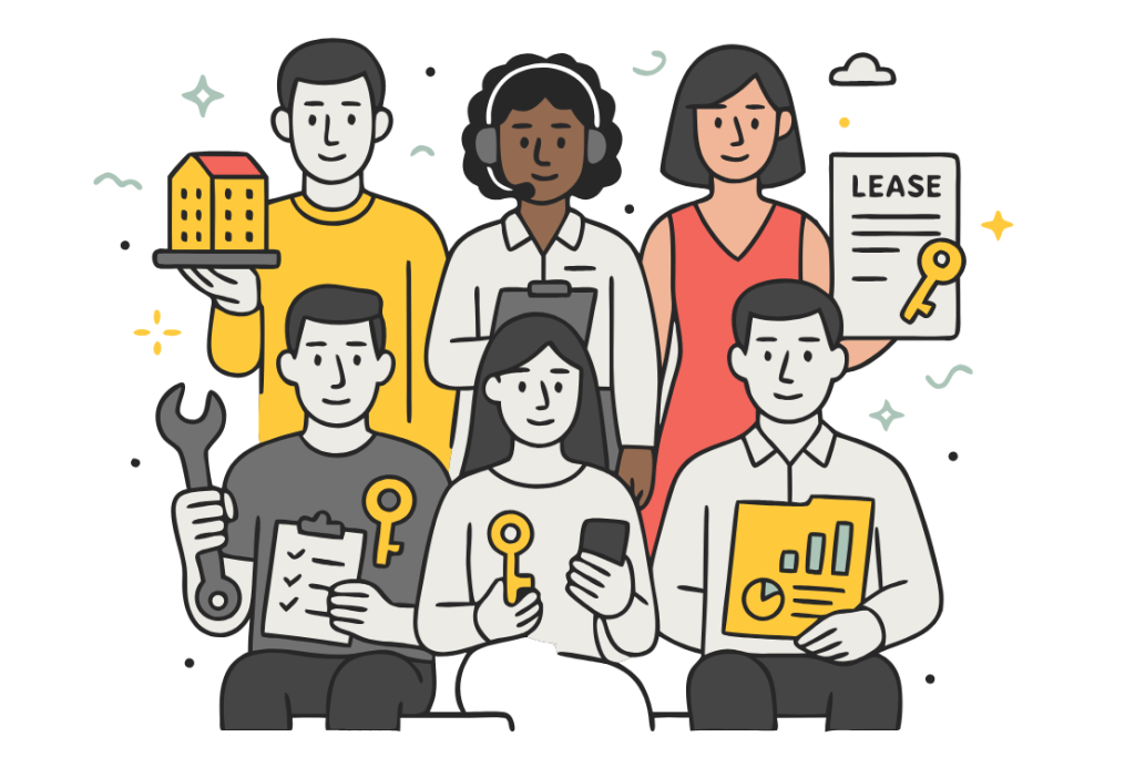 Illustration of 6 apartment management roles in 2 rows showing owner, manager, leasing agent, tenant, and service staff.