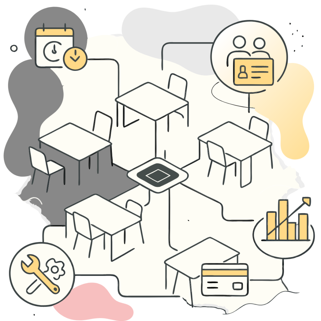Flat-style illustration of co-working space with desks, icons for bookings, memberships, billing, maintenance, and analytics connected to a central hub.