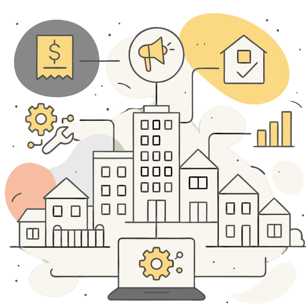 Flat-style illustration of community associations with residential buildings connected to a central laptop hub and an automation icon, with icons for billing, communication, compliance, maintenance, and reporting.