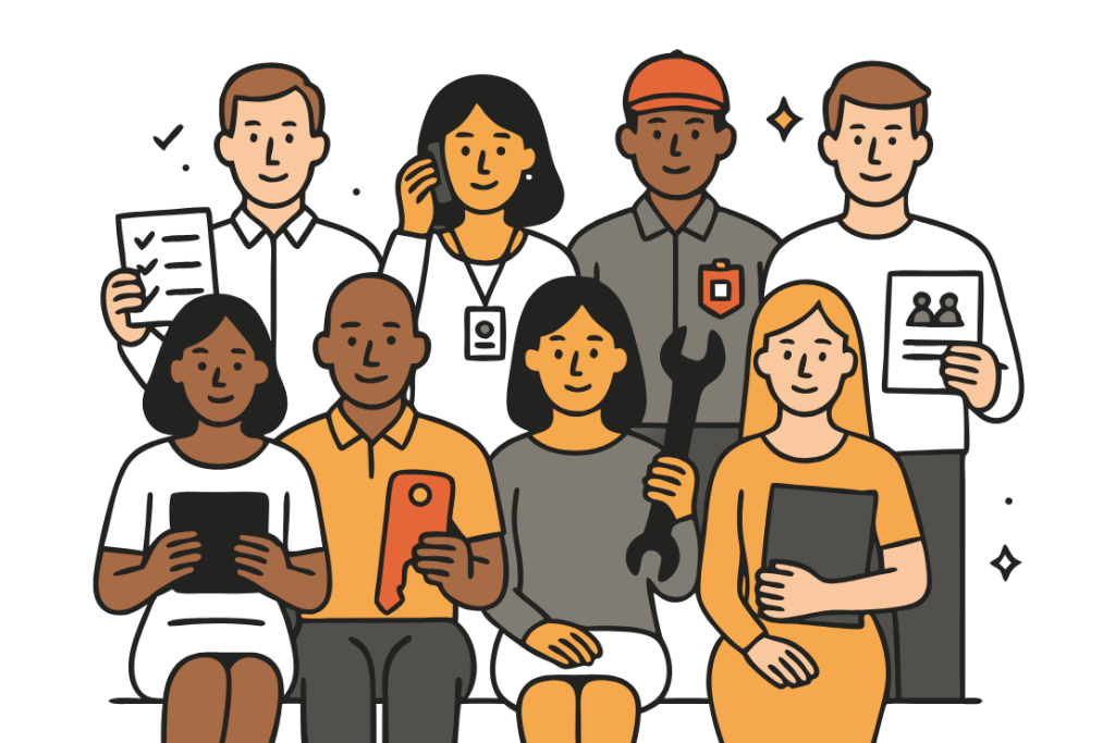 Illustration of 8 residential community roles in 2 rows, including board members, admins, vendors, and residents.