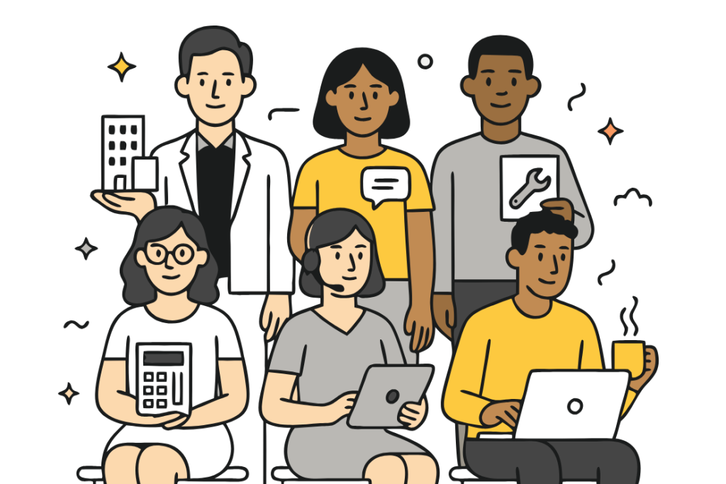 Illustration of 6 co-working ecosystem users in 2 rows with props representing roles like owner, manager, receptionist, and freelancer.