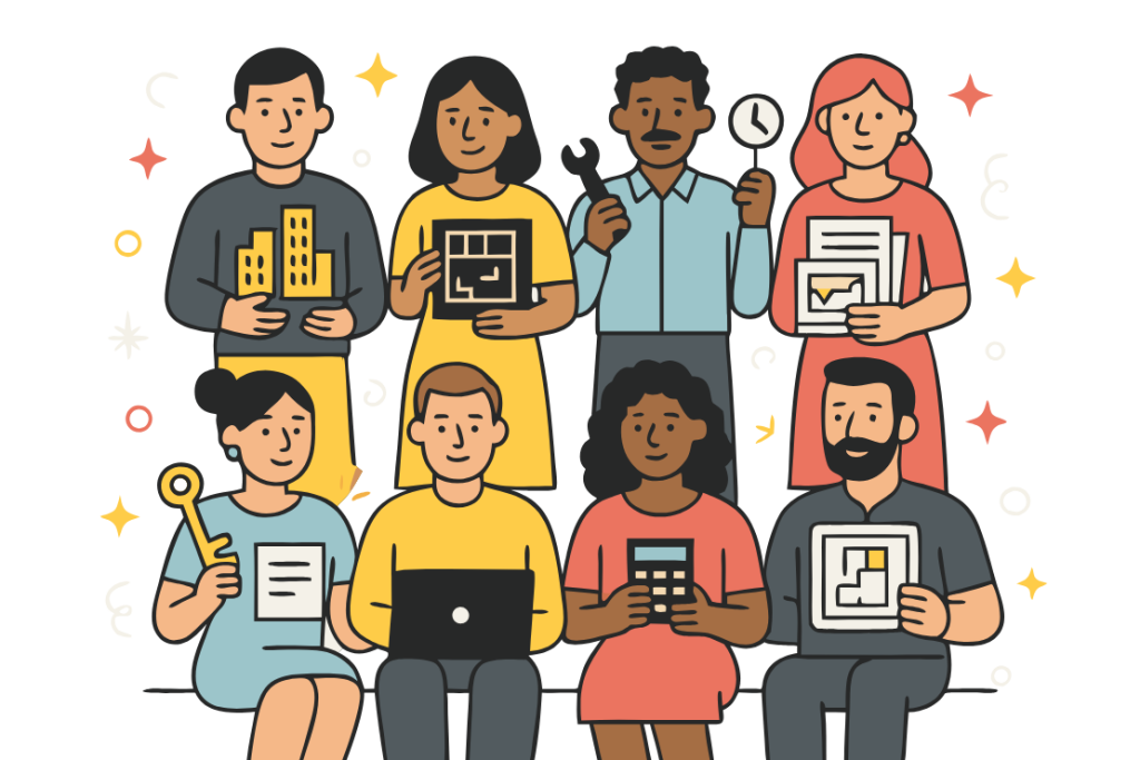 Illustration of 8 office rental user roles in 2 rows, showing CRE teams, tenants, operators, brokers, and owners.