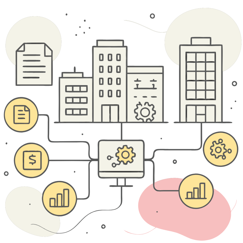 Flat-style illustration of office rental buildings connected to a central desktop monitor and automation icon, with icons for leasing, billing, maintenance, and occupancy tracking.