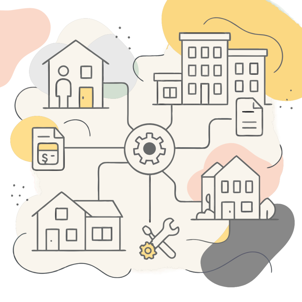 Flat-style illustration of residential properties connected to a central abstract automation icon, with icons for tenant onboarding, lease renewals, rent collection, and maintenance.