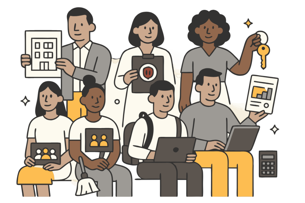 Illustration of 7 student housing roles in 2 rows, including student, housing staff, RAs, university, and finance.