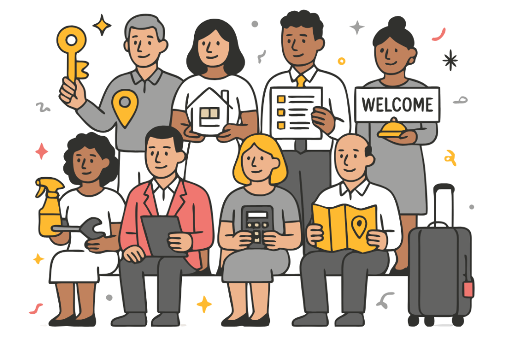 Illustration of 8 vacation rental roles in 2 rows including guests, hosts, agencies, and service teams.
